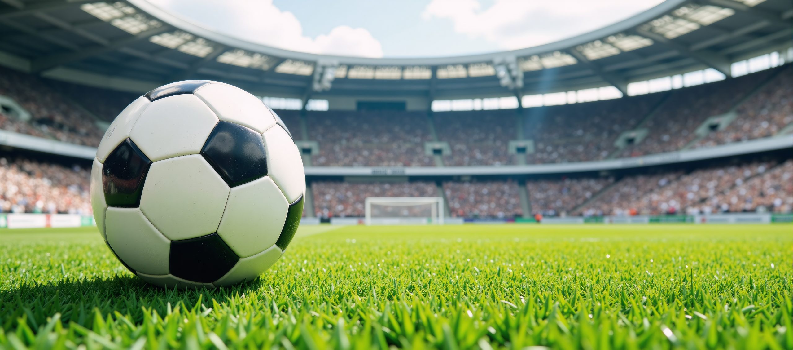 Traditional sports scene watercolor illustration of a professional football match with the world championship cup and lush green field for use on a design banner poster or card featuring a soccer ball.