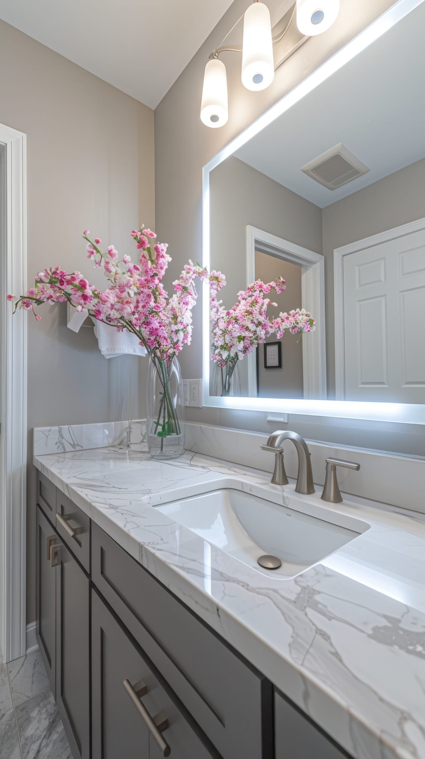 a modern bathroom featuring an illuminated mirror, adding a touch of contemporary elegance to the space