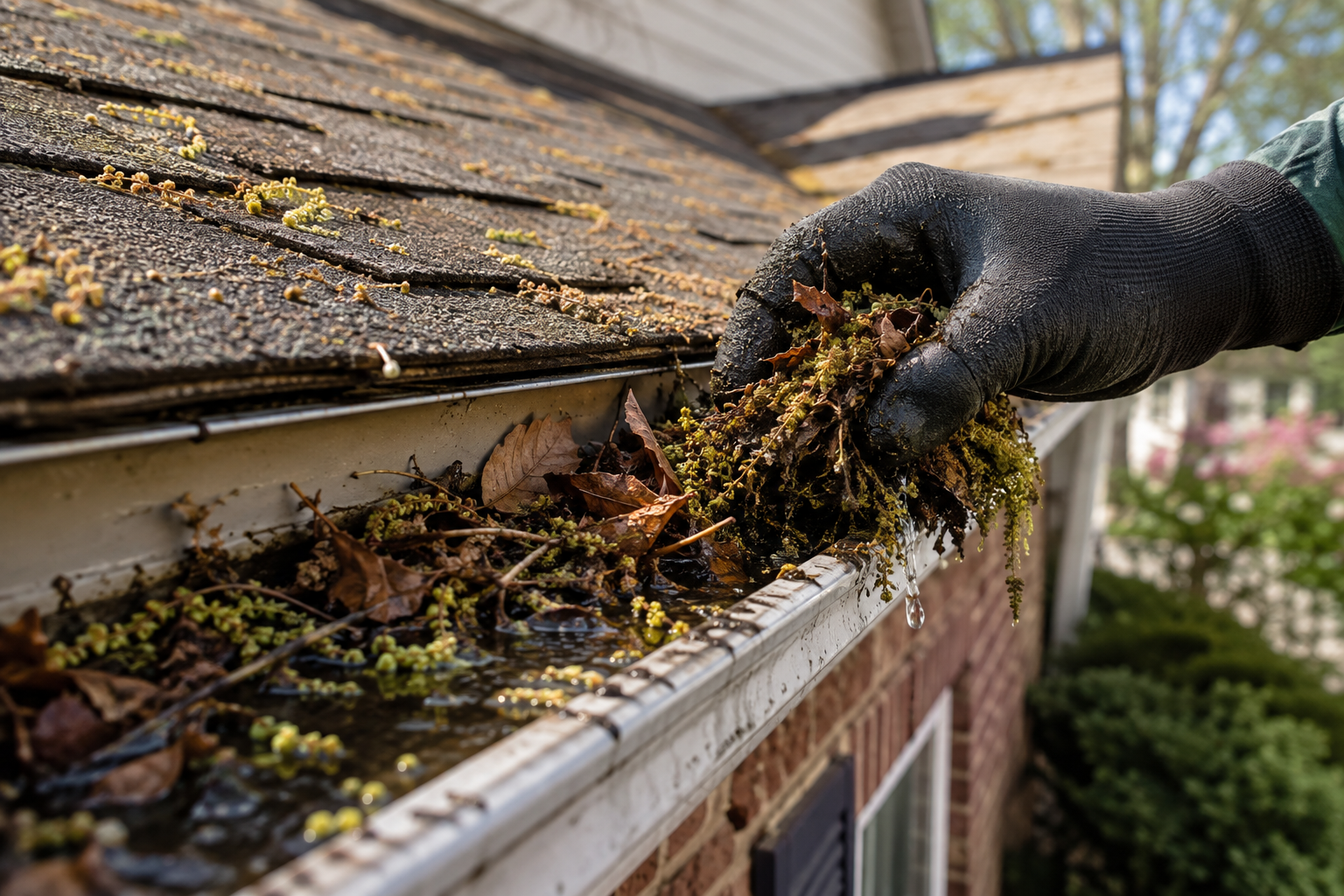 Gloved hand removing wet leaves, pollen, and debris from a clogged rain gutter on a Dallas home.