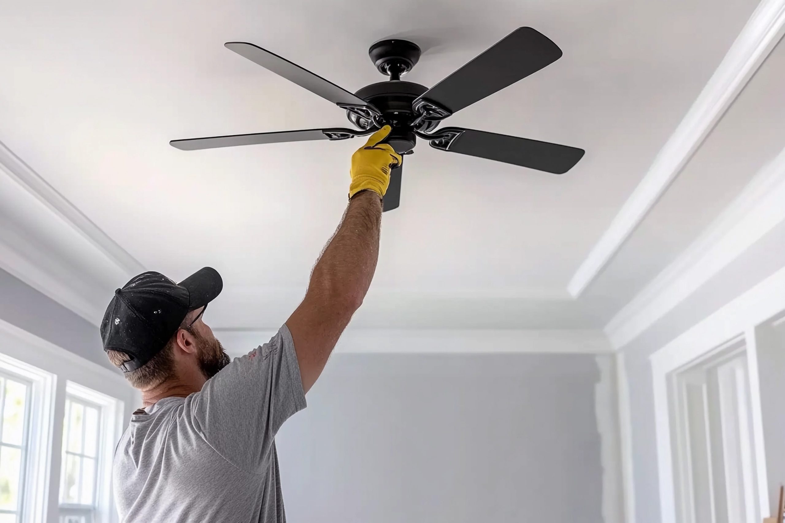 A handyman installing a ceiling fan in a modern family home.