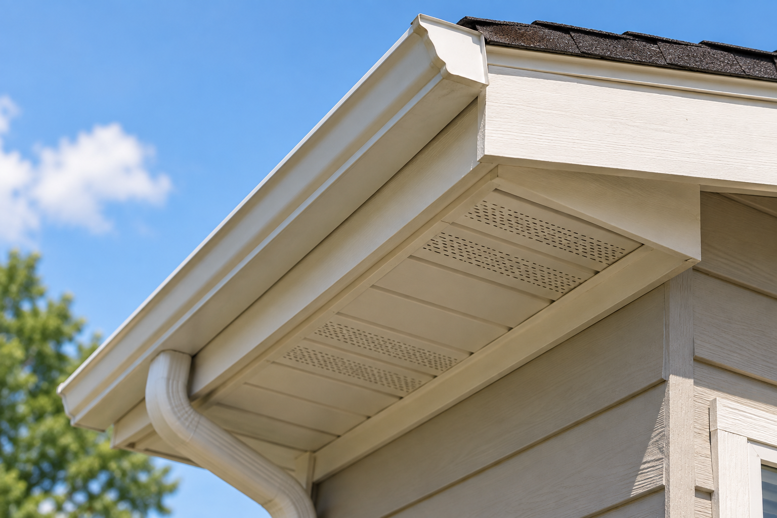 Close-up of fascia, soffit vents, and gutters along the roofline of a Dallas home.