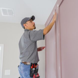 Handyman filling wholes in accent wall